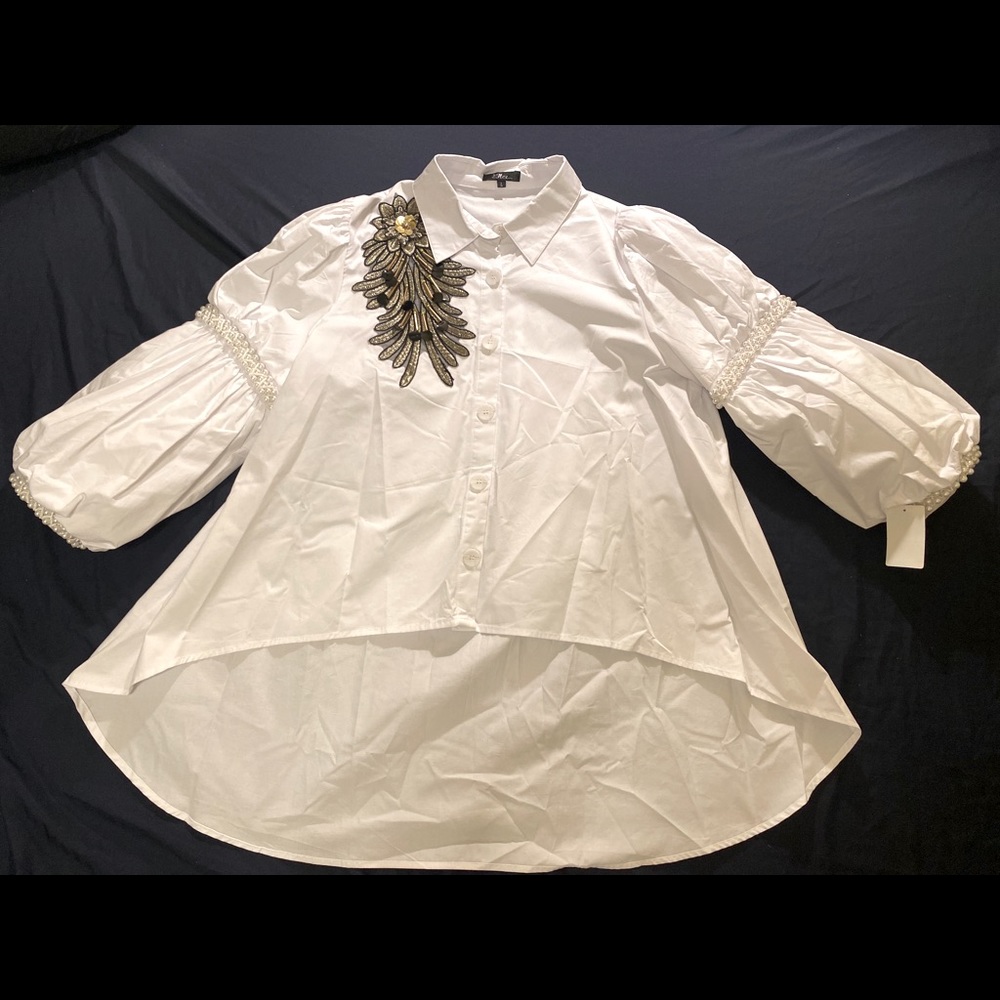 Long sleeve embellished white button up